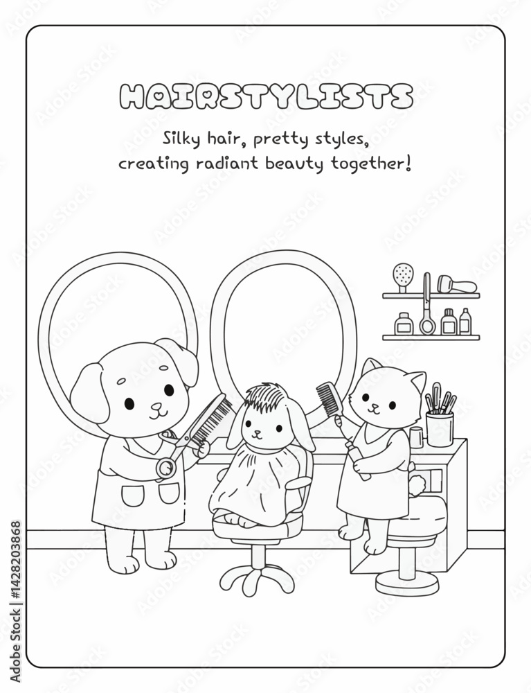Fototapeta premium Puppies and kittens at beauty salon coloring book page
