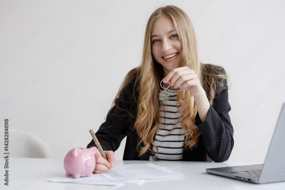 Real estate agent holding house key while finalizing paperwork with savings piggy bank on desk