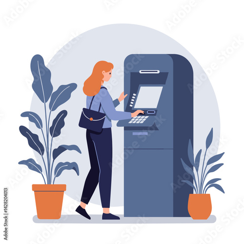 Woman using ATM while standing in a modern indoor setting  