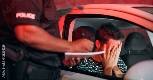 Fotografi Traffic stop, man and crying in car with police, ticket and stress for drunk driving or speeding at night