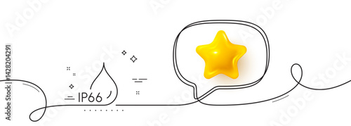 Waterproof line icon. Continuous line with 3d star. Water resistant ip66 sign. Drop protection symbol. 3d star in speech bubble. Waterproof single line ribbon. Loop curve pattern. Vector