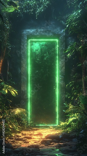 Glowing green door mobile wallpaper amidst lush jungle foliage with soft light on stone pathway

