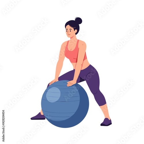 Woman exercising on fitness ball in a bright, minimalist setting  