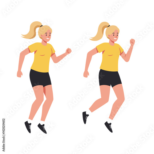 Young woman running energetically in sportswear on a white background  