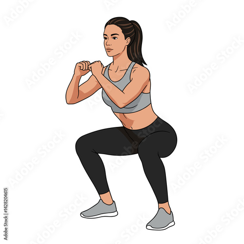 Woman exercising in a squat position with determination  