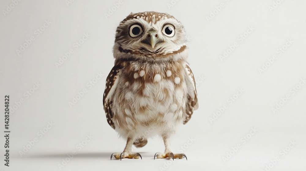 Obraz premium An owl standing upright in bright natural daylight with white background and no shadows, eyes wide open, feathers soft and fluffy concept of wisdom without darkness.