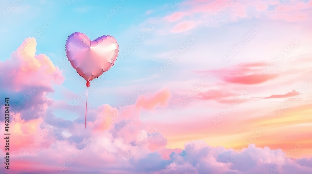 Fototapeta premium Pastel-toned sky with delicate heart balloon rising above clouds