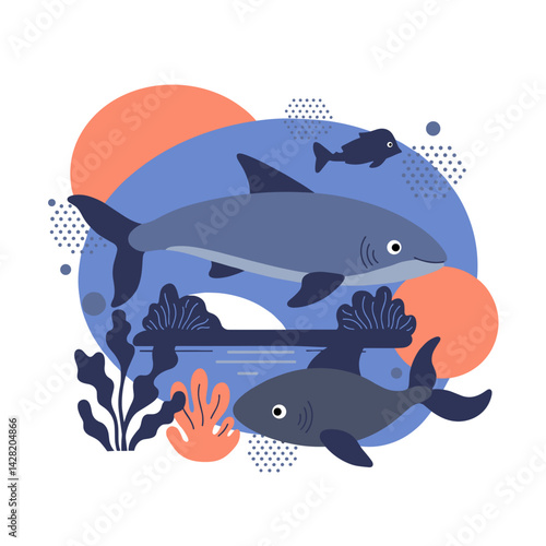 Underwater scene with sharks swimming around colorful corals  