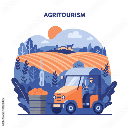 Agritourism illustration featuring a farmer driving a tractor in fields  