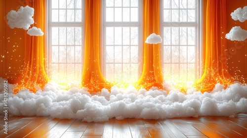 Surreal 3D Render of Abstract Minimal Yellow Background with Floating White Clouds in Dreamy Space