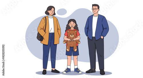 A cheerful preteen holding a teddy bear stands with parents  