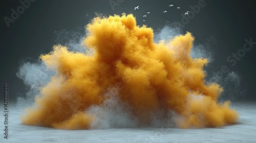 Surreal 3D Render of Abstract Minimal Yellow Background with Floating White Clouds in Dreamy Space
