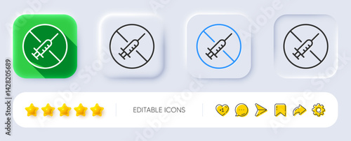 No vaccine line icon. Neumorphic, Flat shadow, 3d buttons. Stop Vaccination sign. Syringe jab symbol. Line no vaccine icon. Social media icons. Vector