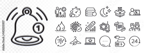 Coronavirus, Battery and Qr code line icons for web app. Glare of light effect. Message icon. Pack of Waterproof, Marketing, Edit statistics pictogram icons. Vector