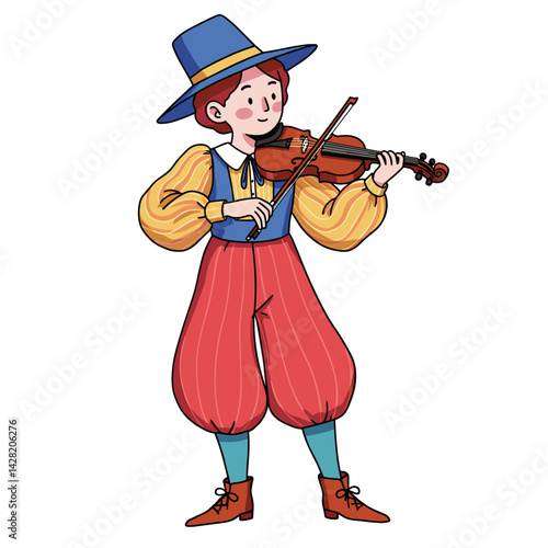 Violinist in colorful outfit playing music against a white background  