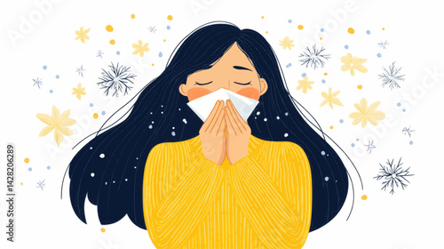 woman with allergies or a cold, sneezing into a tissue, depicted in a 2D vector art style. This image is suitable for blogs and websites about health, wellness, allergies, or sickness.