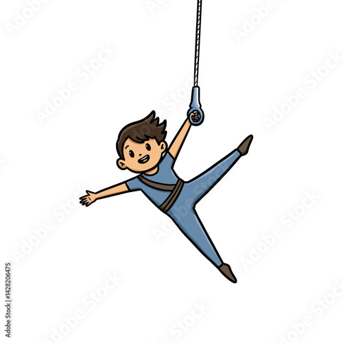 Young boy soaring with joy on a trapeze against a white background  