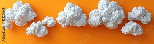 Surreal 3D Render of Abstract Minimal Yellow Background with Floating White Clouds in Dreamy Space