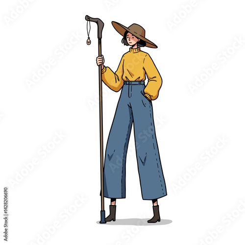 Stilt walker in oversized pants holding a staff against a white background  