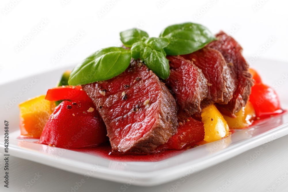 Grilled Beef Slices with Bell Pepper and Basil on a Plate Grilled Beef Slices with Bell Pepper and Basil on a Plate