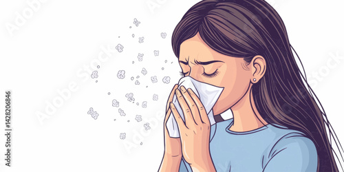 Cartoon vector illustration of a woman sneezing into a tissue with germs floating around her for health blogs,allergy sites, cold and flu information.