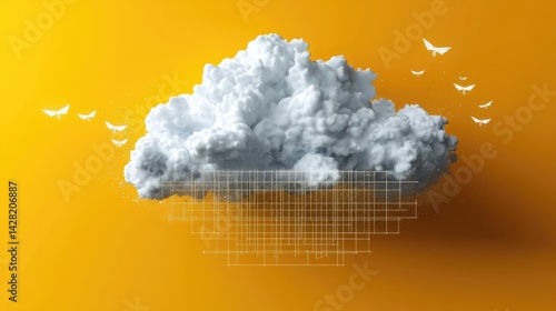 Surreal 3D Render of Abstract Minimal Yellow Background with Floating White Clouds in Dreamy Space