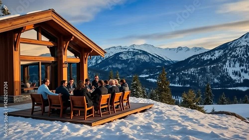 Executive Retreat, Team Meets in Stunning Mountain Cabin Setting with Snowy Peaks