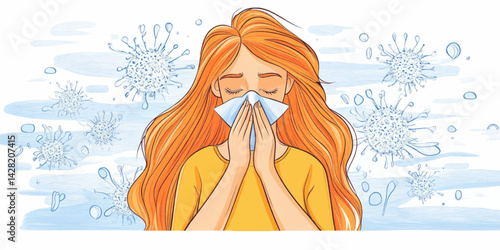 Cartoon vector illustration of a woman sneezing into a tissue with germs floating around her for health blogs,allergy sites, cold and flu information.