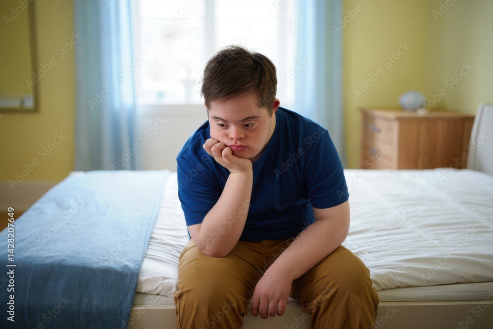 Young pensive man with down syndrome siting on his bed at home. Young pensive man with down syndrome siting on his bed at home.