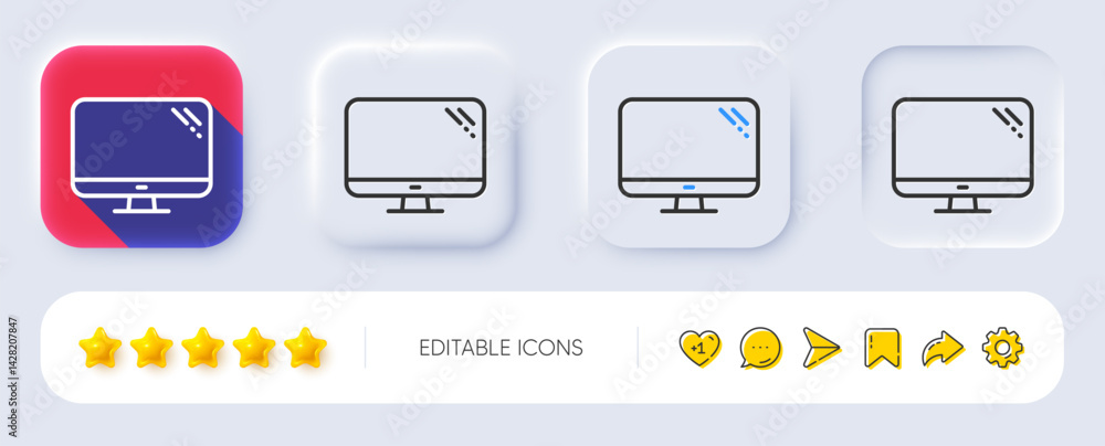 Computer line icon. Neumorphic, Flat shadow, 3d buttons. PC component sign. Monitor symbol. Line computer icon. Social media icons. Vector