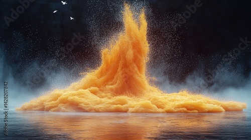 Surreal 3D Render of Abstract Minimal Yellow Background with Floating White Clouds in Dreamy Space