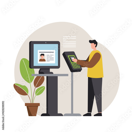 Man using ID scanner at a modern kiosk with indoor plants  