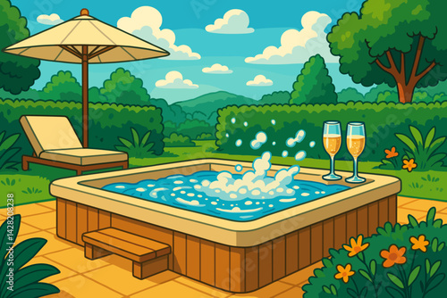 Relaxing in a Hot Tub with Drinks in a Sunny Garden  