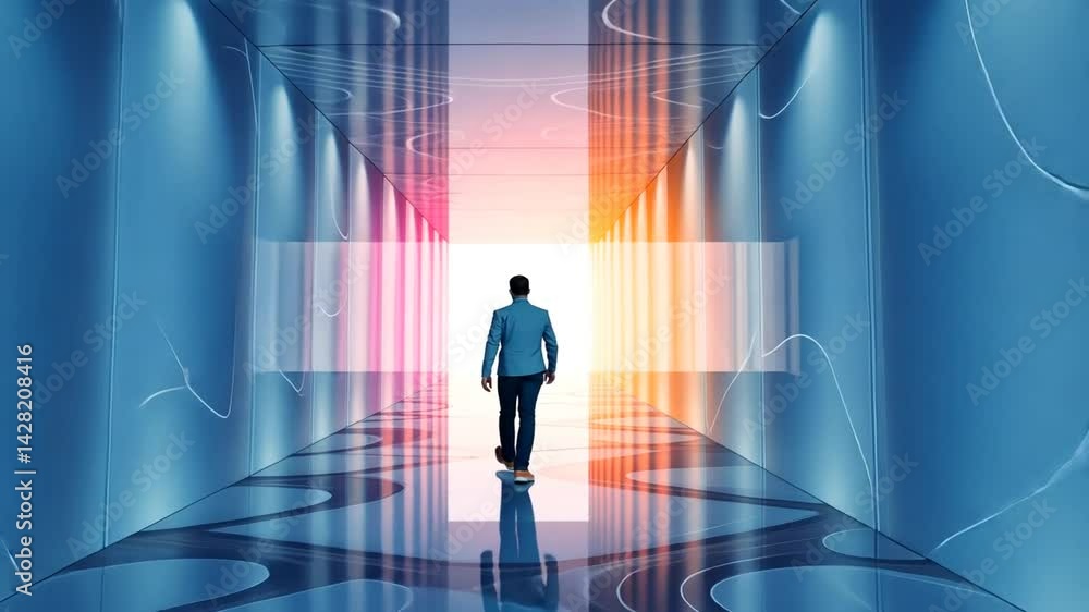 Man Walking Towards the Light at the End of a Futuristic Modern Corridor Man Walking Towards the Light at the End of a Futuristic Modern Corridor