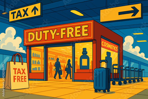 Duty-Free Shop with Shoppers and Luggage at an Airport Terminal  