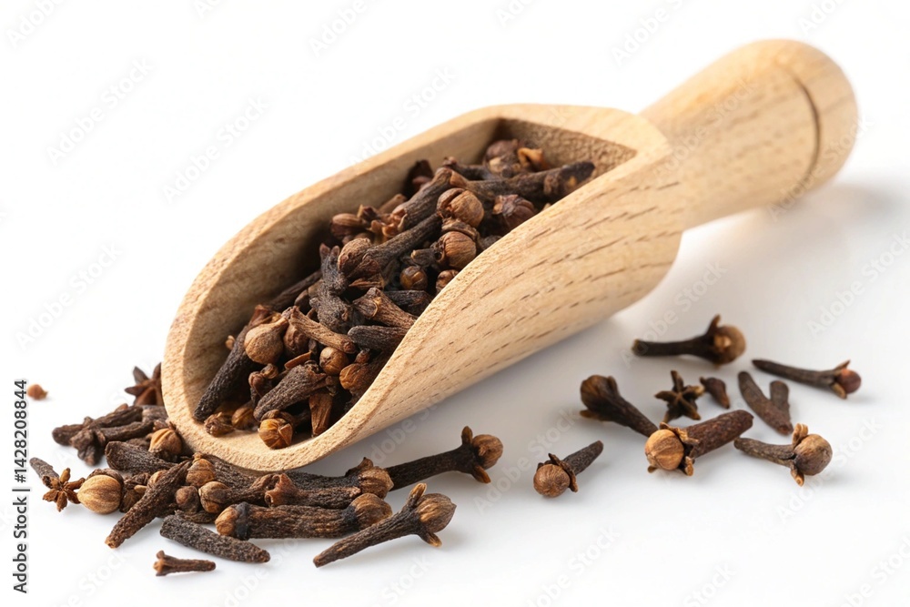 Fragrant Aromatic Cloves Cascading from Rustic Wooden Scoop onto a Smooth Surface. High-Resolution Upscaled Image Perfect for Culinary, Spice, and Food Blog Designs, Packaging, and Advertising