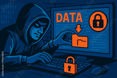 Hacker stealing data against a dark computer screen background  