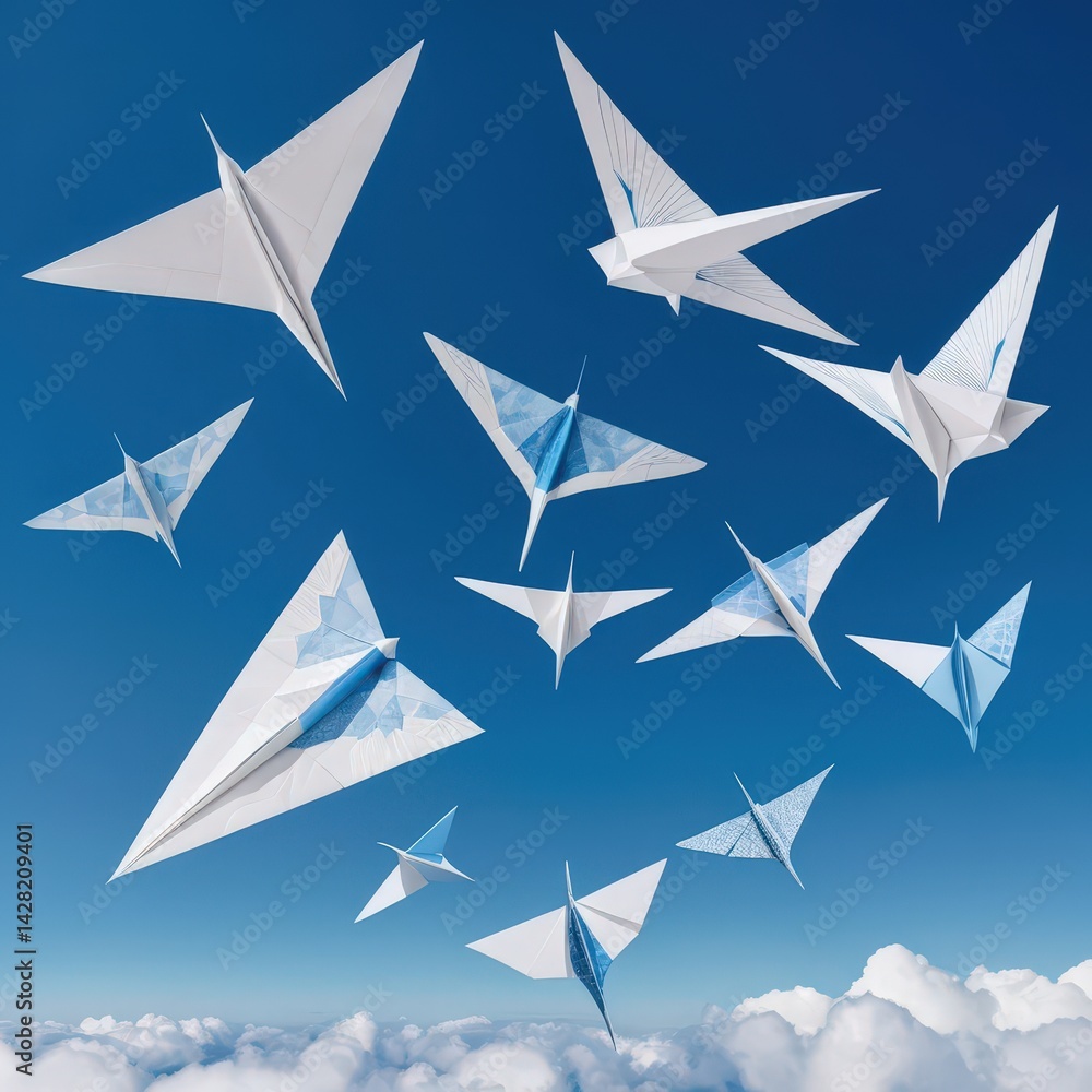 Obraz premium A vibrant group of colorful paper airplanes soars gracefully through a bright blue sky, their delicate wings catching the sunlight as they glide.