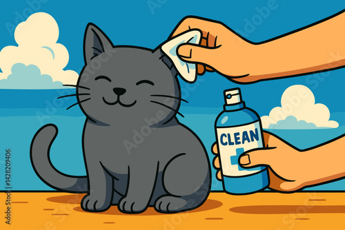 Happy Cat Being Cleaned with Gentle Care Against a Blue Sky  