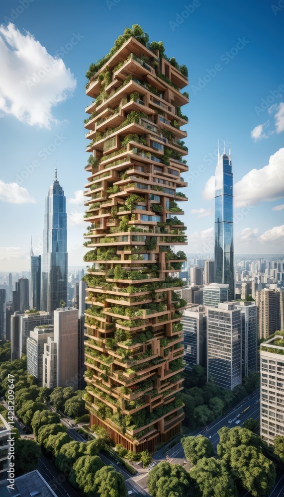 Obraz premium A modern skyscraper featuring a lush rooftop garden adorned with vibrant green plants, creating a striking contrast against the urban skyline.