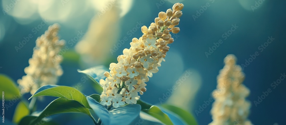 Fototapeta premium White lilac blooms garden sunlight bokeh