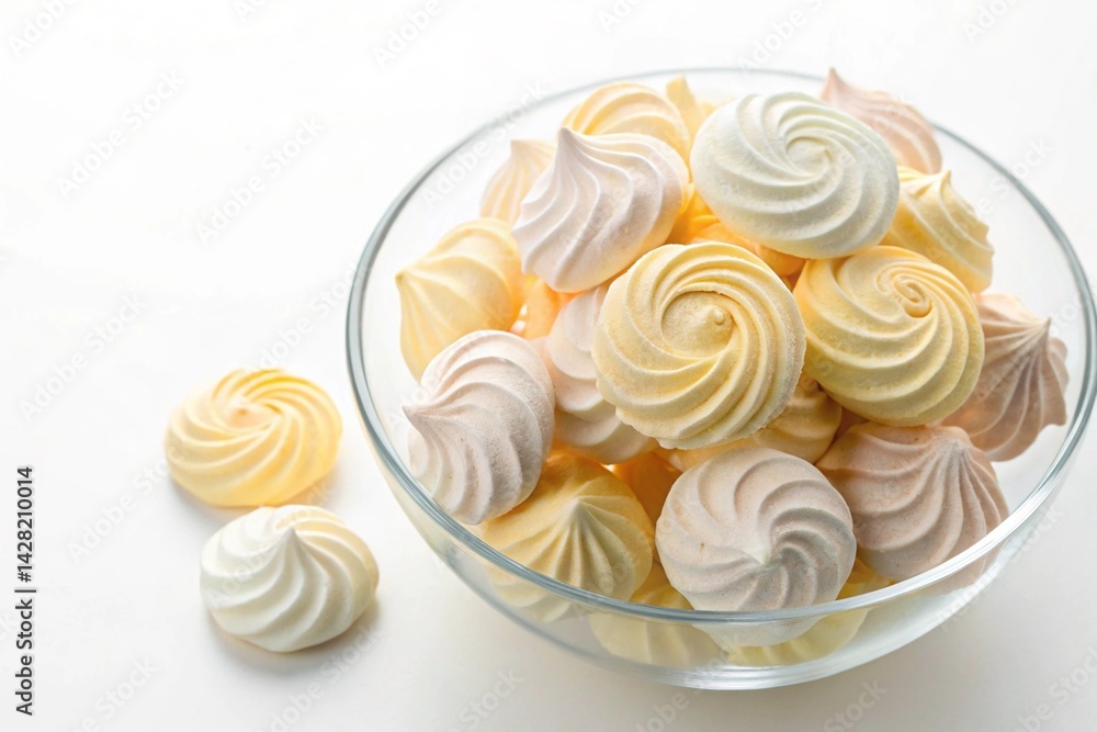 Delicate Meringue Kisses: A Close-Up of Light Yellow and Off-White Meringue Cookies Nestled in a Clear Glass Bowl, Perfectly Baked and Ready to Delight. A Sweet Treat Photography Image, Upscaled for
