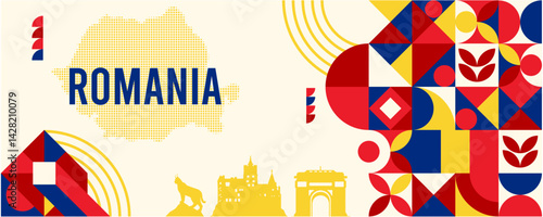 Romania national vector banner featuring the flag, dotted map, landmarks, and geometric pattern design