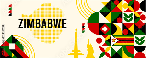 Zimbabwe national vector banner featuring the flag, dotted map, landmarks, and geometric pattern design