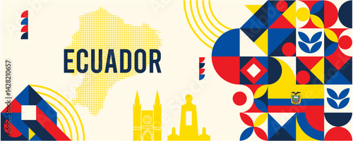 Ecuador national vector banner featuring the flag, dotted map, landmarks, and geometric pattern design