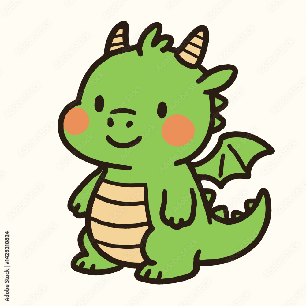 Cute Green Dragon Character Smiling Against Plain Background Cute Green Dragon Character Smiling Against Plain Background