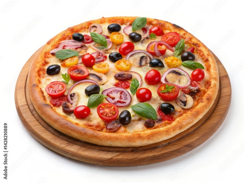 Freshly Baked Gourmet Pizza with Colorful Toppings Freshly Baked Gourmet Pizza with Colorful Toppings