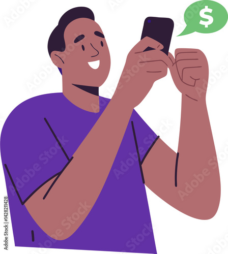Happy Man Using Smartphone for Mobile Payment – Vector Illustration of Online Financial Transaction