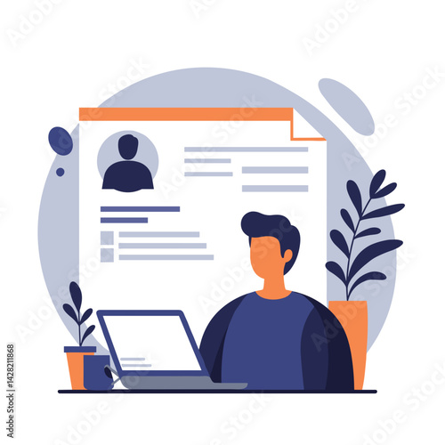 Male job candidate preparing CV at a desk with plants  