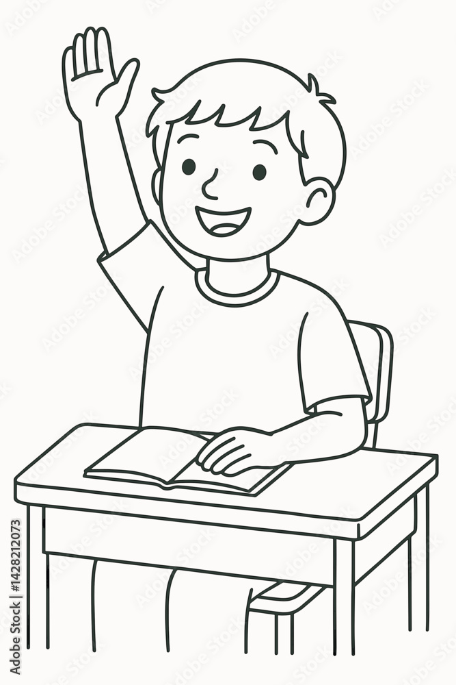 Happy child raising hand at desk in classroom Happy child raising hand at desk in classroom